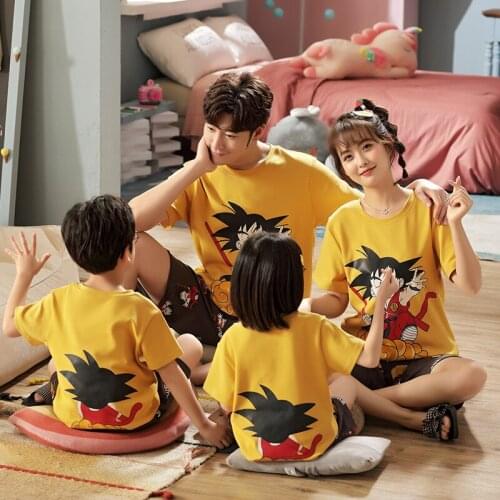 Goku Cartoon New Family Parent-Child Pajamas Set Summer Short Sleeves Pure Cotton For Boys Girls Women Men Home Wear Handsome