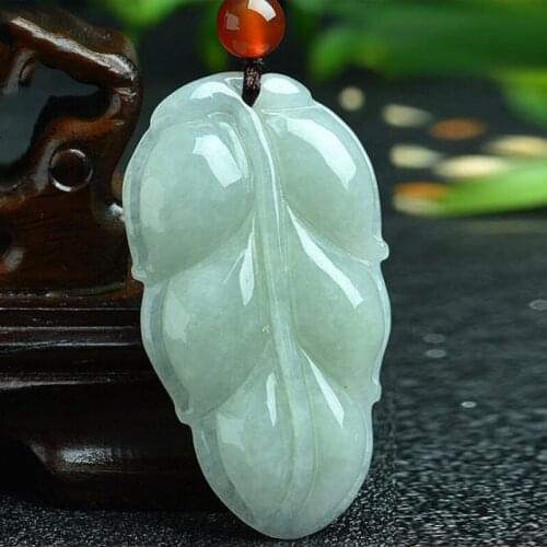 Drop Shipping Natural Burmese Emerald pendant Hand carved Leaves pendant necklace Attached lanyard Fine Jade jewelry