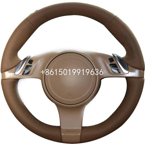 Customized DIY Anti Slip Dark Brown Leather Car Steering Wheel Cover for Porsche Cayenne Panamera 2010-11