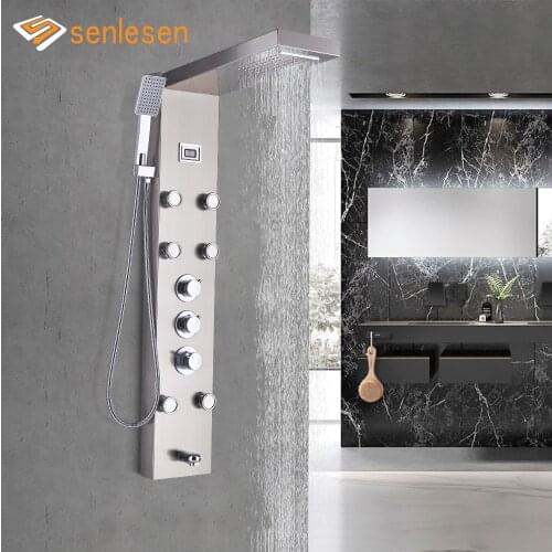 Senlesen Shower Column Panel Thermostatic Brushed Nickel Fashionable Design Wall Mounted with Massage Jets