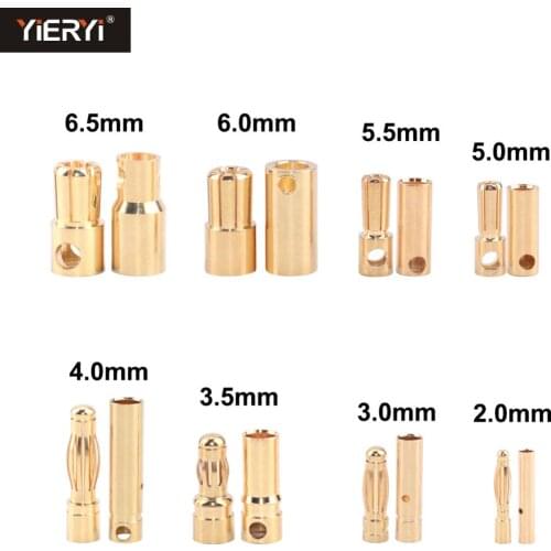 Male to Female 100pairs 2.0/3.0/3.5/4.0/5.0/5.5/6.5mm Battery Connector Gold Bullet Banana Connector Plug For ESC Battery Motor