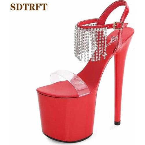 SDTRFT Stilettos zapatos mujer 20cm thin heels platform diamond Tassels sandals Buckle Crystal shoes woman Party Dance pumps