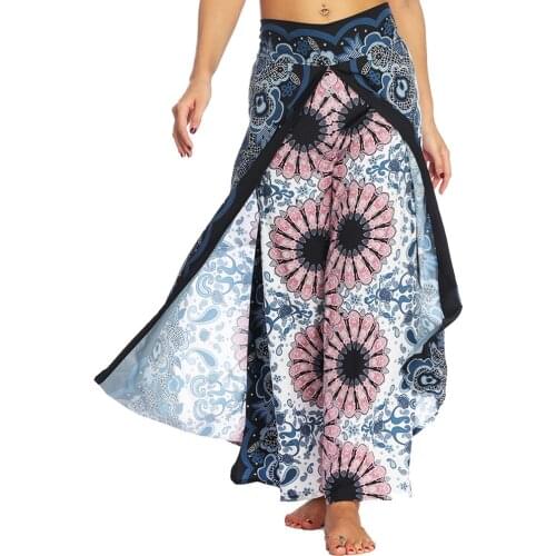 Bohemian Womens Plus Size Ethnic Print Wide Leg Slit Pants Loose Dance Trousers Thai Indonesian Style For Female Spring Summer