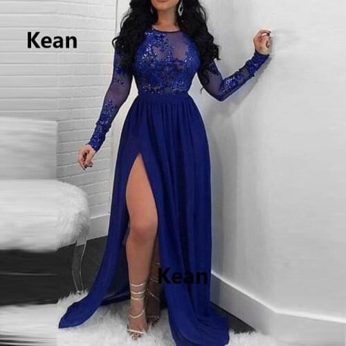Royal Blue Slit Evening Dress Full Sleeve Applique Illusion vestido Islamic Dubai Kaftan Saudi Arabic Evening Gown Prom Dress