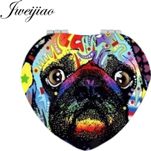 Youhaken Painting Pug Dog Makeup Mirrors Heart Shaped Pet Dogs Folding Mini Pocket PU Leather Mirror 1X/2X Magnifying