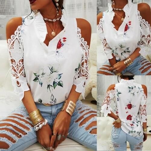 2021 Summer Print Stitching Lotus Leaf Collar Personality T-shirt Fashion Lace Strapless Three-quarter Sleeve Lace Ladies Shirt