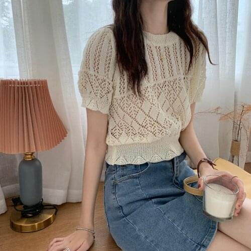 Alien Kitty 2021 Women Sweaters Female Pullover Puff-Sleeves Elegant Hot Chic Maiden O Neck Hollow Out Thin Elastic WaistTops