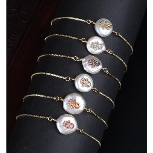 Pave multi color cz tiny fatima hand hamsa protection charm freshwater pearl bead link bracelet for women wedding birthday gift