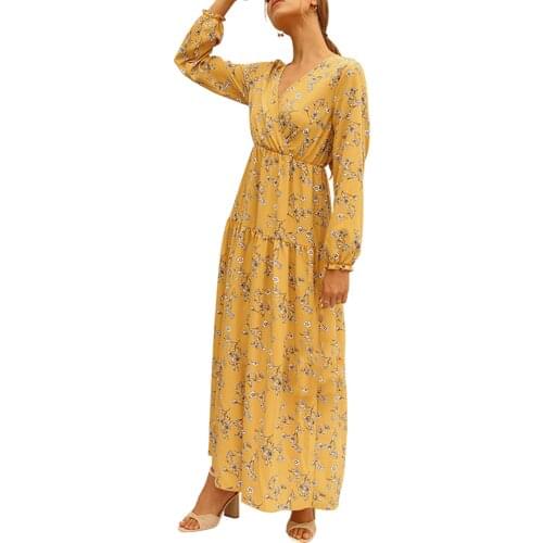 Women Big Hem Boho Long Dress Floral Printed V-neck Long Sleeve Elegant Robe Holiday Sundress Loose Summer Fall Dresses