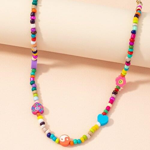 Fashion Bead Strand Beaded Choker Necklace For Women Bohemian Colorful Handmade Heart Flower Smiley Clay Necklace Collar Jewelry