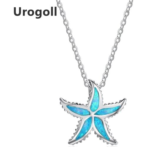 Genuine 925 Sterling Silver Fine Jewelry Blue Opal Starfish Pendant Necklaces For Women Anniversary Silver 925 Jewelry Gifts