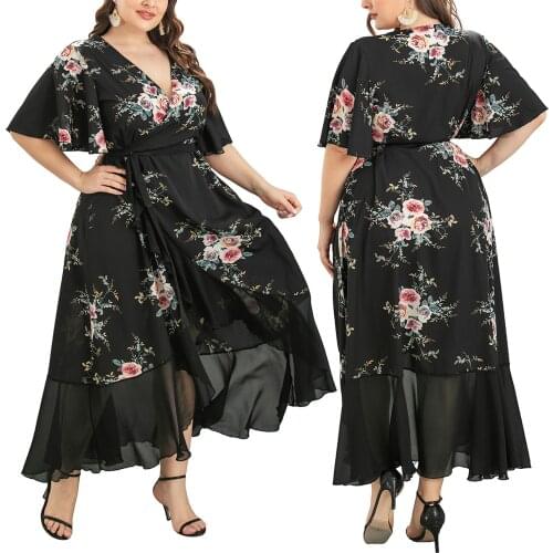 Womens Plus Size V-Neck Maxi Dresses Summer Floral Printed Dress with Waist Strap Ruffle Trim for Thick Arms XL-5XL TT