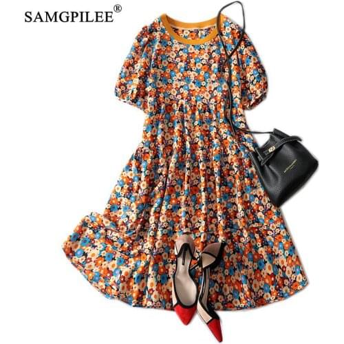 Dresses Summer 2021 Ladies New Fashion Sweet Cute Flower Pattern O Neck Print Loose Chiffon Short Sleeve Cake Dress Women