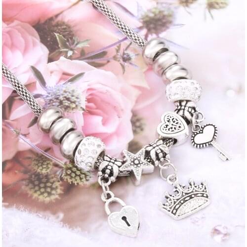 10PCS/Lot Antique Original Crown key lock Shape 6 colors Charm Necklace For Women Glass Beads Brand Sweater chain & Necklace