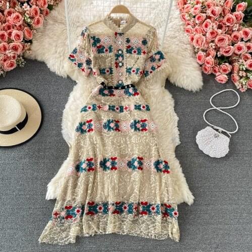 Banulin Fashion Runway Summer Midi Dress Women Short sleeve Gorgeous Lace Flower Embroidery A Line Elegant Party Dress N69958