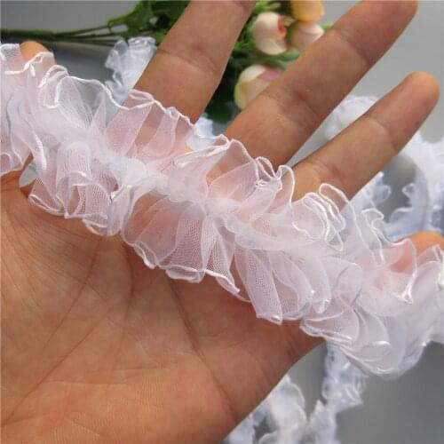 White Pleated Elastic Chiffon Voile Lace Ruffle Trim Ribbon Fabric Guipure Lace Handmade Dress Sewing Craft Decoration 4cm wide