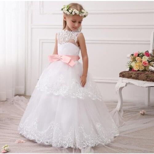 Sleeveless Boat Neck Lace white Flower Girls Dresses Puffy Gowns White Birthday Party Dresses White Lace Pageant Gowns Custom
