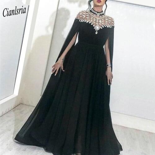 Black High Neck Muslim Evening Dress 2020 Beading Crystal Plus Size Islamic Dubai Saudi Arabic Long Evening Party Dresses