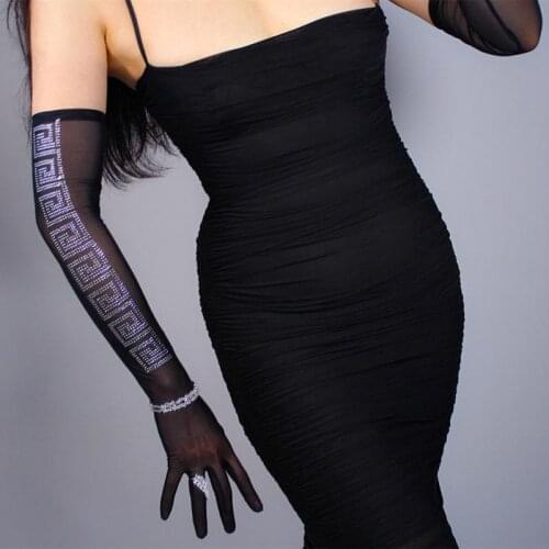 Tulle Long Gloves Stretchy Lace Mesh Semi Sheer TECH Touchscreen Black Crystal for Evening Prom Party ST378
