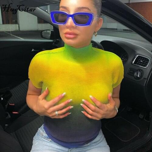 Hugcitar 2021 Short Sleeve O-Neck Gradient Summer Women Fashion Streetwear Tshirts Y2K Tees