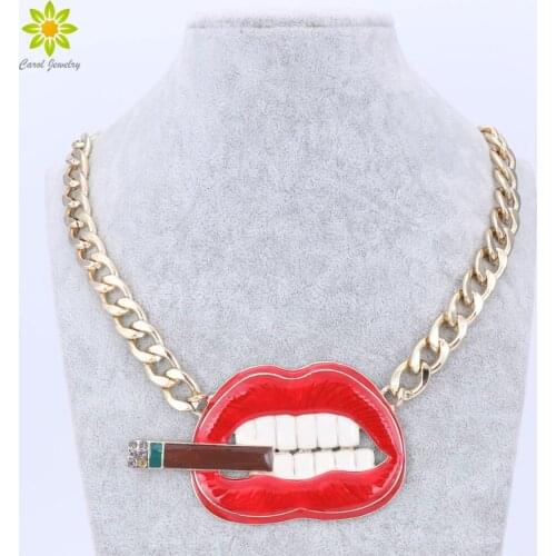 Fashion Sexy Punk Teeth Smoking Cigarette Red Lip Mouth Necklace For Party