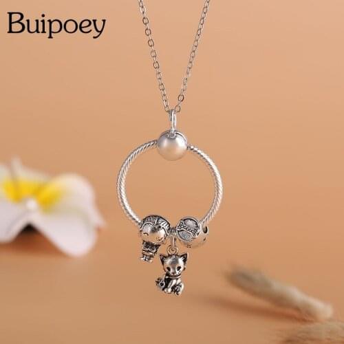 Buipoey Cartoon Animal Dog Pendant Necklace Silver Color Girls Beads Charm Necklace Women Girl Kids Childrens Party Jewelry