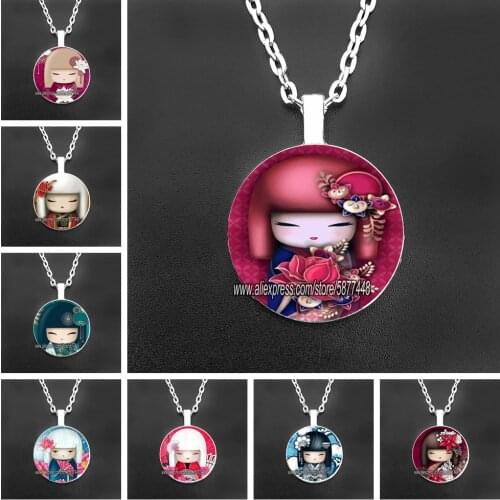 Cute Japanese Girl Face Pendants Necklaces Cute Anime Girl 25mm Glass Cabochon Women Girl Jewelry Gift