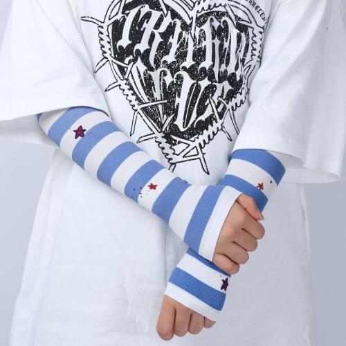 Summer Sunscreen Arm Sleeves Sun UV Protection Fingerless Gloves Women Elbow Guard Striped Cartoon Arm Warmer for Running Riding