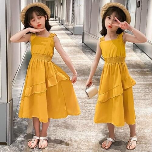 Toddler Teen Girls Dress 2020 New Fashion Ruffles Summer Kids Dresses for Girl Sleeveless Solid Color Children Princess Clothing