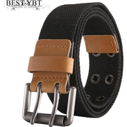 Best YBT Unisex belt trend fashion Alloy double pin buckle canvas Men belt casual simple high quality Men and Women belt