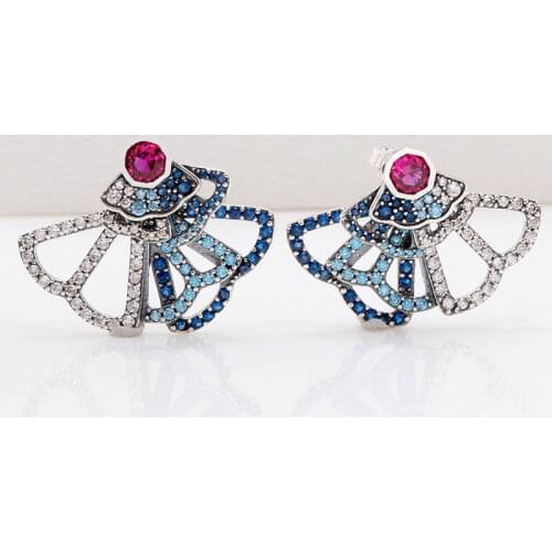 Original Blue & Pink Fan Earring With Crystal For Women 925 Sterling Silver Earring Wedding Party Gift Fine Europe Jewelry