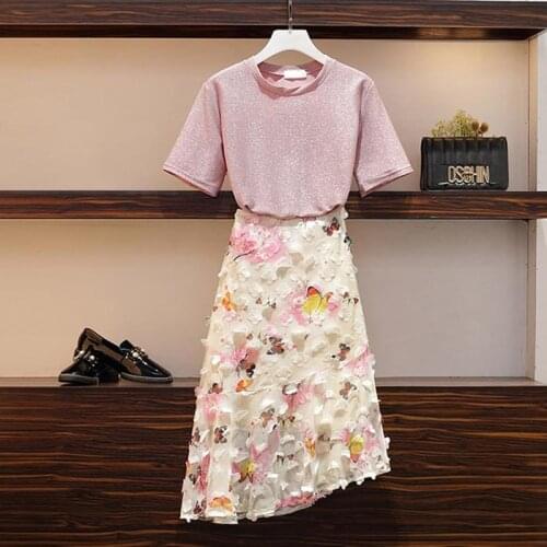 2020 New Summer Two Piece Set Womens Shiny Pink Short Sleeve T Shirt + High Waist Chiffon Butterfly Print Irregular Skirt Sets