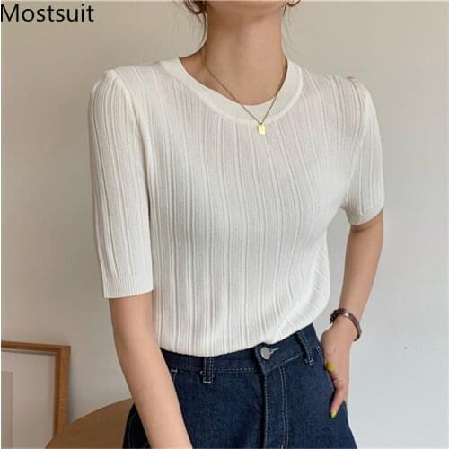 Summer Thin Knitted Pullover Knitwear Women Short Sleeve O-neck Slim Solid Tops Fashion Casual Ladies Jumpers Sweater Femme 2021