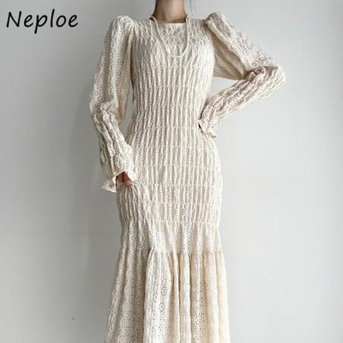 Neploe Elegant Ruffles Patchwork Long Dress Women High Waist Hip Long Solid Vestidos O Neck Long Sleeve Pullover Robe Spring