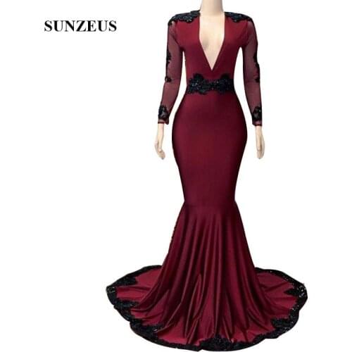 Long Sleeves Prom Dresses 2019 Mermaid Burgundy Jersey Long Party Gowns Deep V-Neck Women Formal Wear With Black Appliques