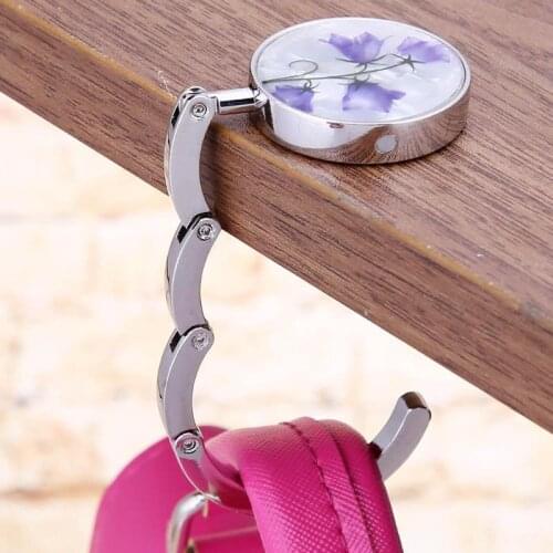 1Pc Round Metal Hanger Hook Holder Unique Folding Portable Flower Pattern Fashion Table Hook Crystal Alloy Purse Handbag Bag