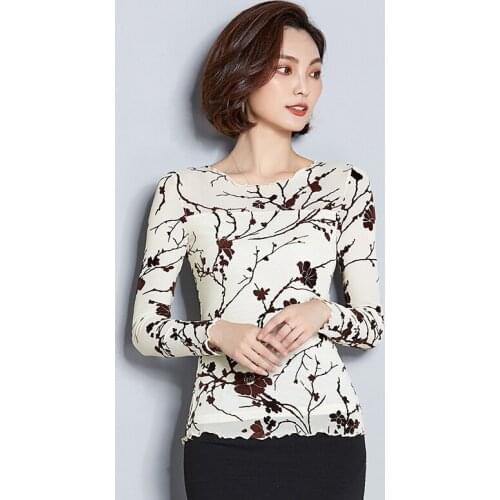 2018 New Autumn Fashion Mesh Long Sleeve T Shirts Women Sexy Printed Slim Tee Shirt Femme Tops Casual T-shirts Ladies Clothing