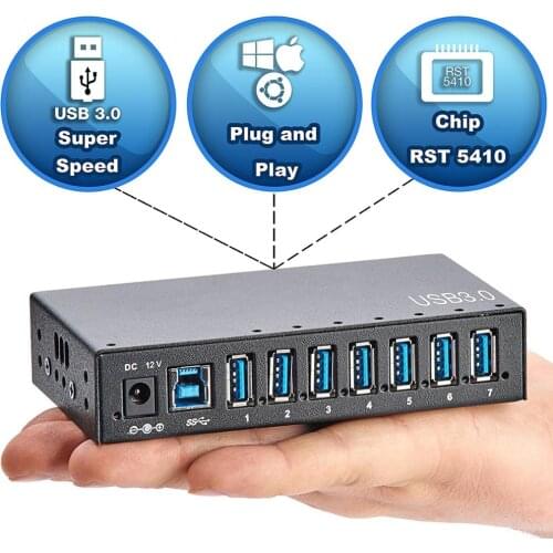 7 Port Industrial USB 3.0 Hub Power input surge protection with mounting bracket for all the USB device for data transfer