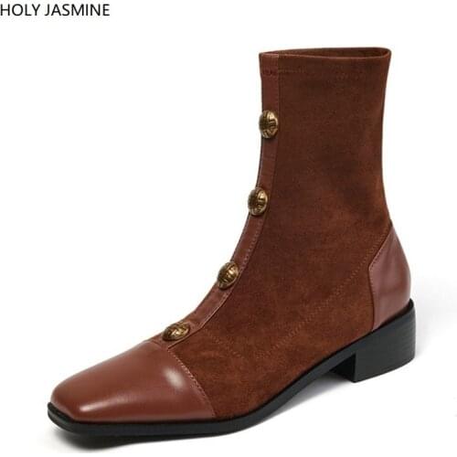 Women Boots Sock Knitting Winter 2019 Fashion High Heel Shoes Ladies Sock Boots Square Heels Stretch Fabric Woman Ankle Booties