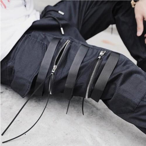 Fashion Dark Black Mens Zipper Ribbon Casual Pocket Cargo Pants Hairstylist Pants clubwear Street SlacksSpring Autumn Trousers