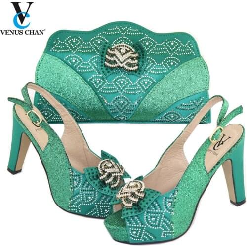 Nigerian Women Summer New Arrivals Party Shoes and Bag Set For Wedding Shinning Crystal in Green Color in Heels for Working