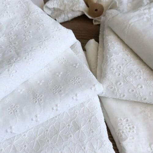 Cotton Machine Embroidery Fabric For Sewing Wedding Dress Pure White Embroidered Hollow Lace Dress Fabric Costura 100X130cm