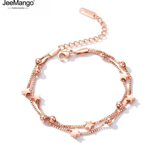 JeeMango Fashion Stainless Steel Star Ball Chain Link Bracelets For Women Rose Gold Color Double Layer Bracelet Jewelry JB17099