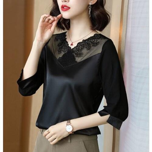 Korean Fashion Silk Women Blouses Satin Office Lady Shirt and Blouse Solid Lace Three Quarter Blusas Plus Size Women Tops