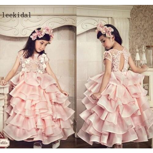 Lovely Pink Organza Girls Pageant Gowns Applique Short Sleeve Princess Tiered Flower Girl Dresses For Wedding Formal Party Wear