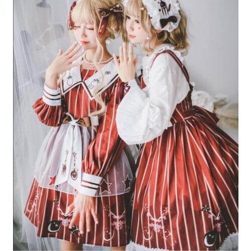 2020 new autumn Chocolate color Lolita Printed Cute Daily Embroidered Striped Cartoon Dress