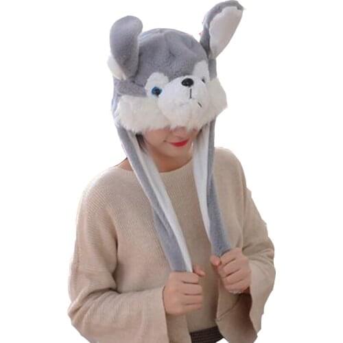 Husky hooded hat with ears moving plush toy hat stuffed toy cap