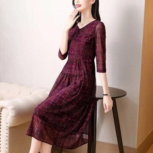 Taiwan Yarn High-End Dress 2021 New Middle-Aged Summer Dress Noble Lady Simple Slim Three-Quarter Sleeve Skirt Commute
