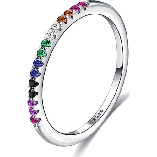 ZEMIOR Sterling Silver Rainbow Color Finger Rings For Women Stackable Full Round Zircon Wedding Gift Hot 925 Jewelry On Sale