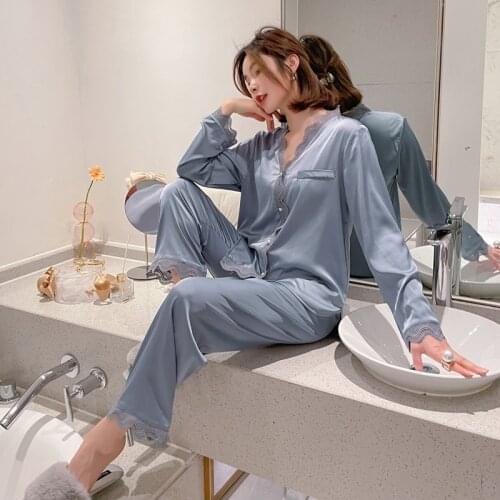 Ice Silk Pajamas Womens Spring And Autumn Silk Long Sleeve Two-piece Suit Cardigan Lace Pyjamas